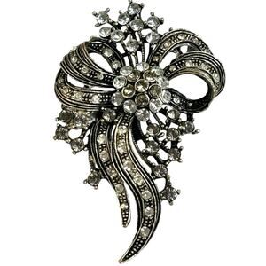 Dark Silver Tone Floral Bouquet Sparkly Rhinestone Accents Japanned Brooch